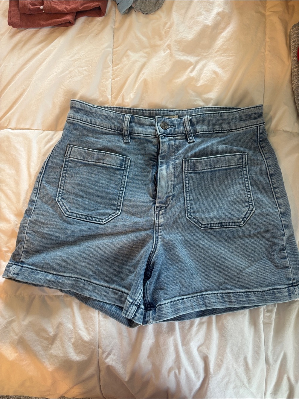 Faherty Light Blue High-Rise Denim Shorts with Patch Pockets